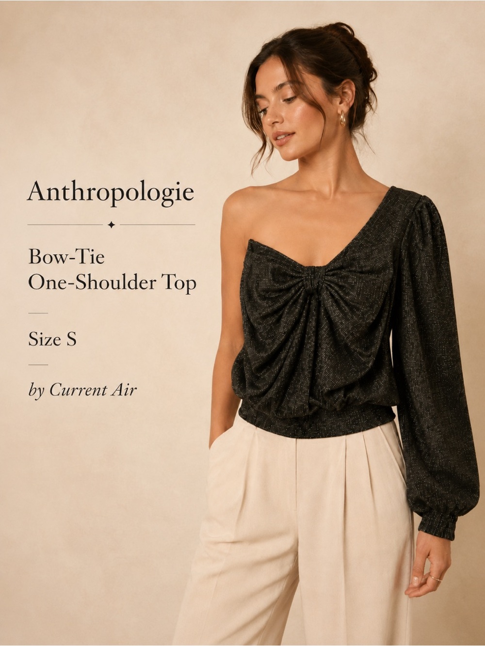 Anthropologie Current Air Black Gold Shimer Bow Top Size S